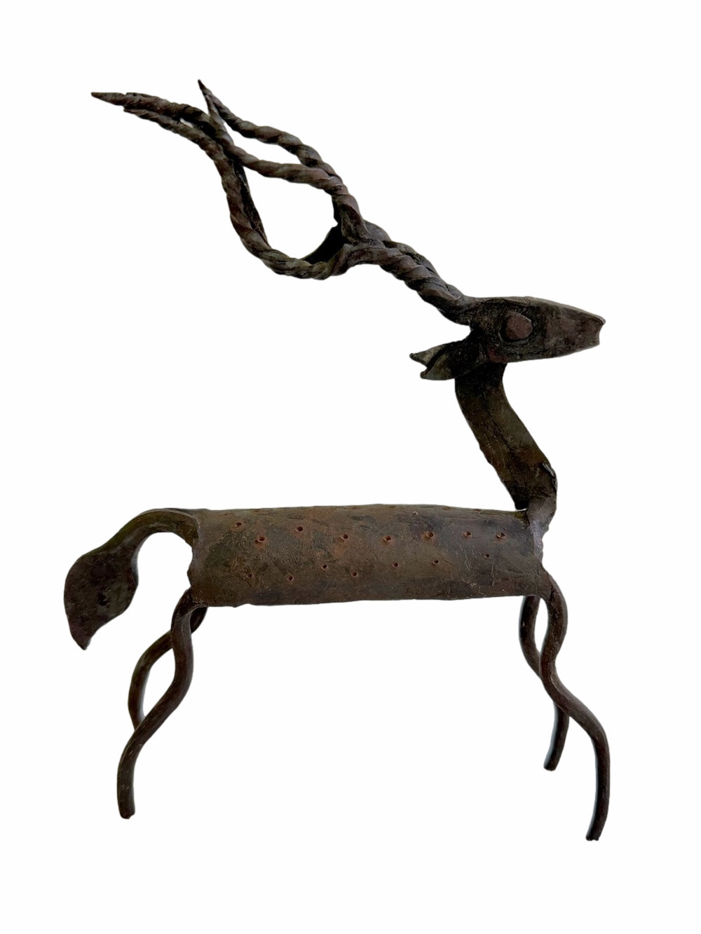 Mid Century Modern Brutalist Wrought Iron Art Sculpture Deer Antelope Reindeer